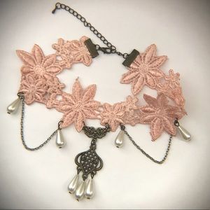 Adorable Pink Lace and Pearl Lolita Chain Choker